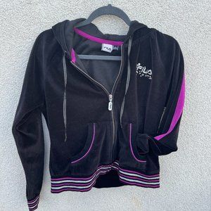 Vintage Y2K FILA sport Black Velour zipper up   Hooded Jacket Sz L